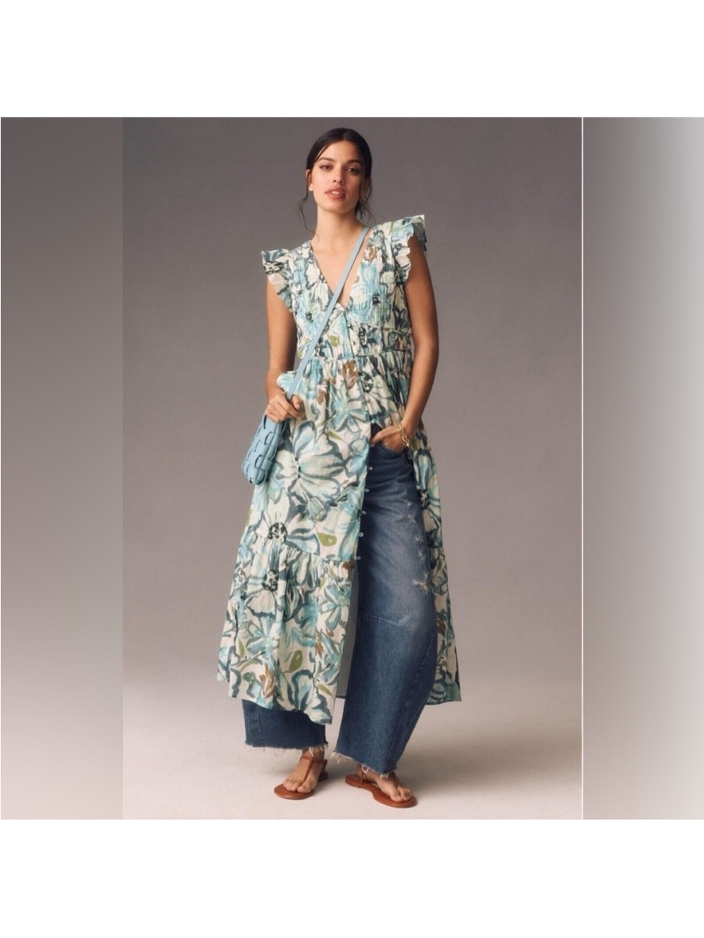 Light Blue Floral V-Neck Maxi Dress with Flutter Sleeves